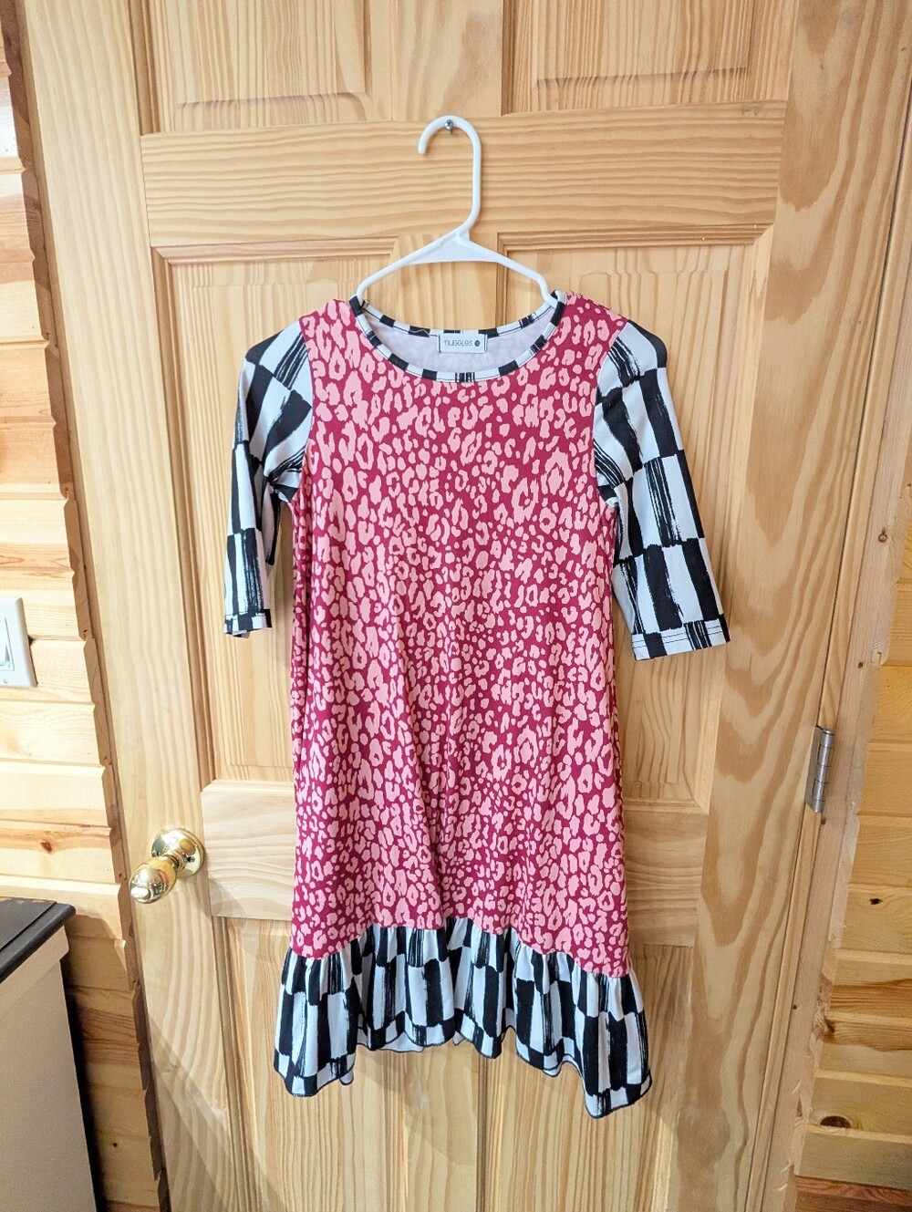 Nuggles Girls 10 Pink Animal-Print Dress with Black & White Check Details